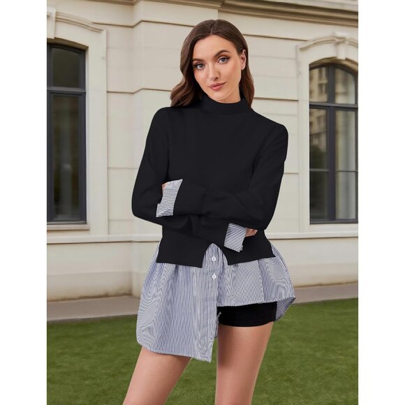 Womens Turtleneck Peplum Sweater 2 in 1 Asymmetrical Hem Striped Top - Picture 6 of 6